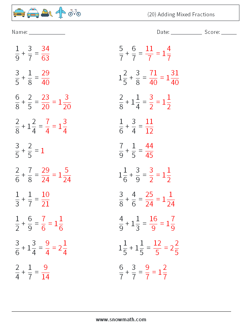 (20) Adding Mixed Fractions Math Worksheets 12 Question, Answer