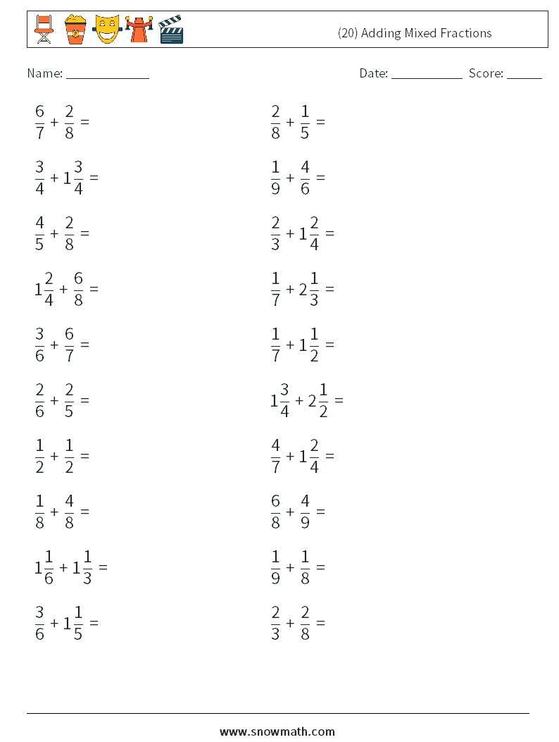 (20) Adding Mixed Fractions Math Worksheets 13