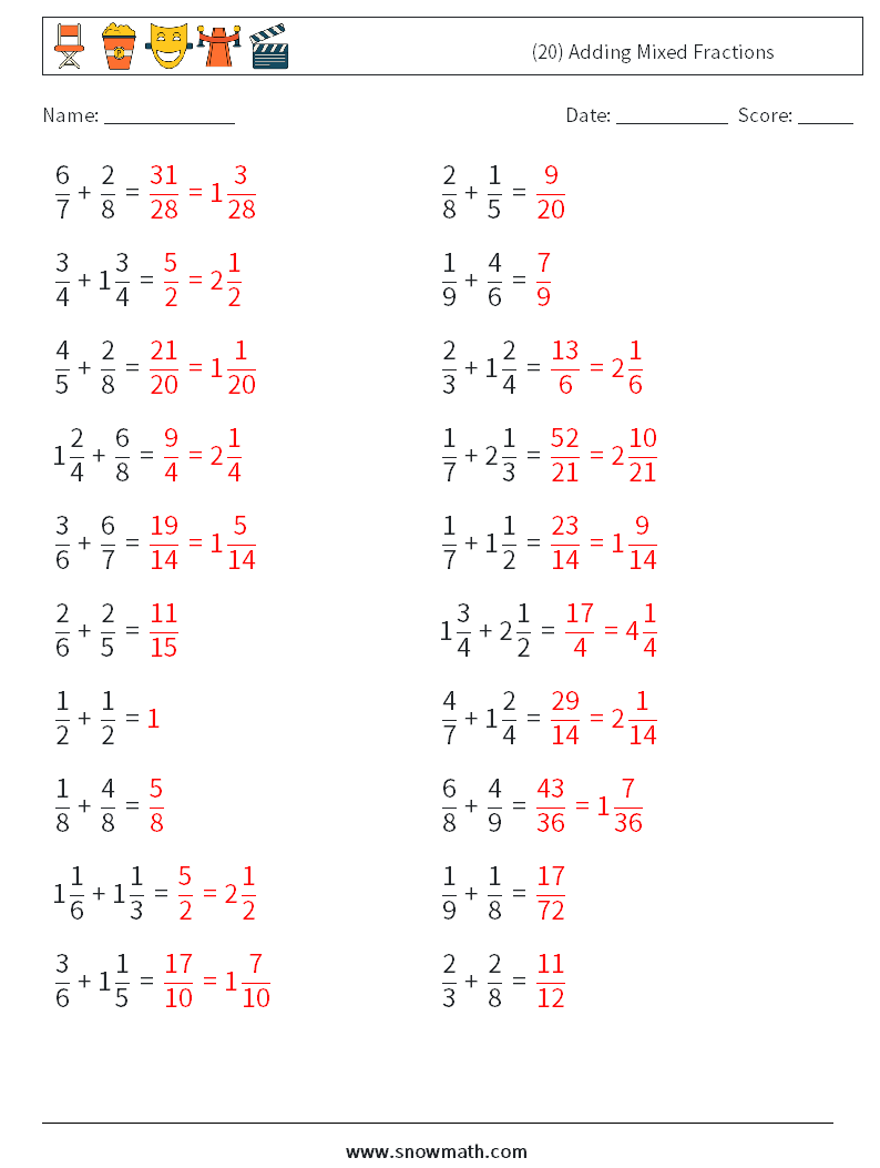 (20) Adding Mixed Fractions Math Worksheets 13 Question, Answer