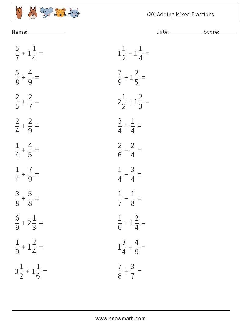 (20) Adding Mixed Fractions Math Worksheets 14