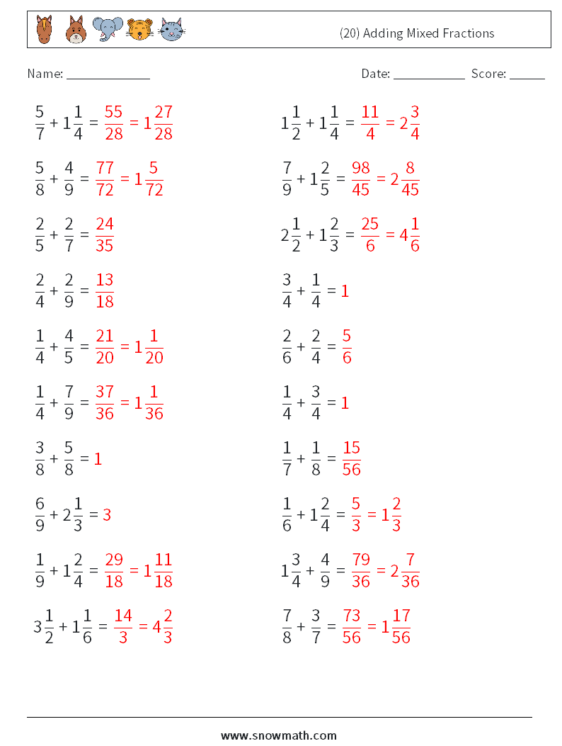 (20) Adding Mixed Fractions Math Worksheets 14 Question, Answer