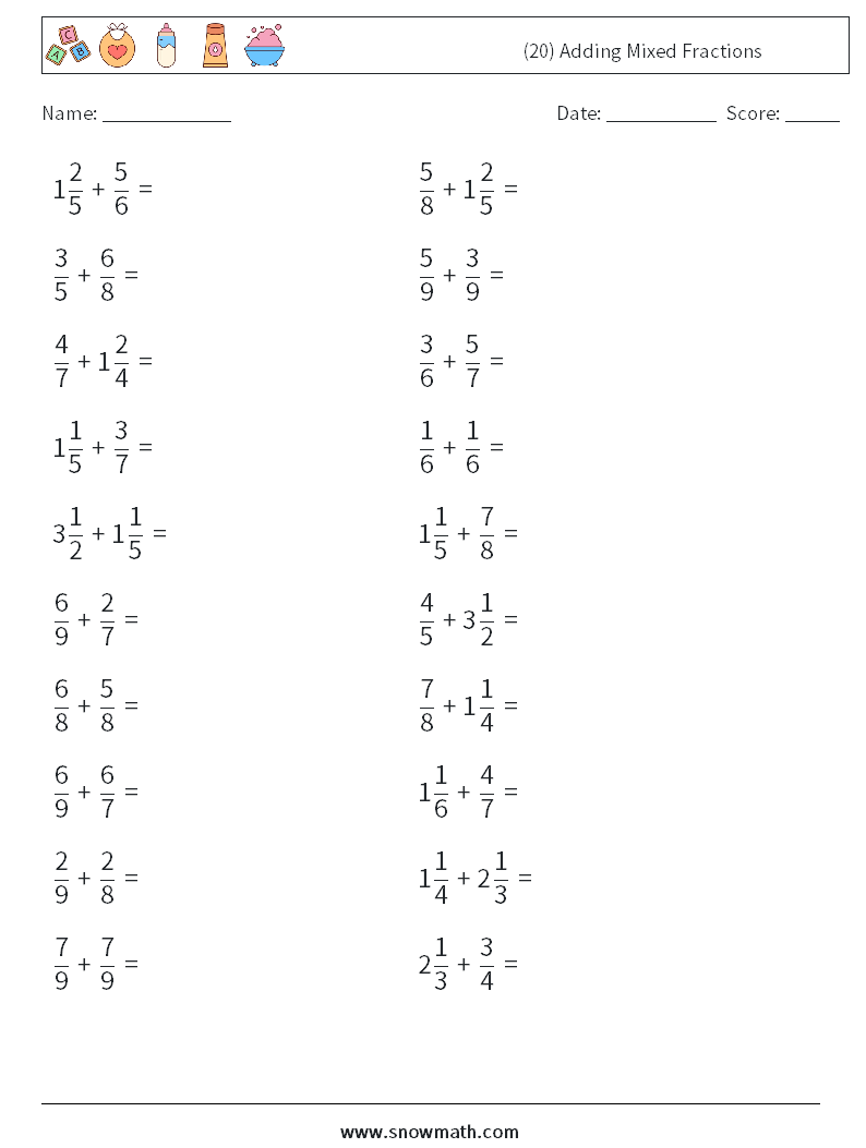 (20) Adding Mixed Fractions Math Worksheets 15