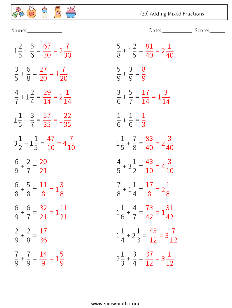 (20) Adding Mixed Fractions Math Worksheets 15 Question, Answer