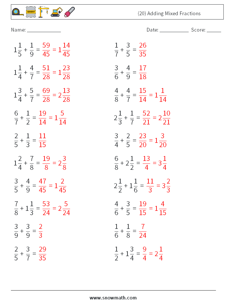 (20) Adding Mixed Fractions Math Worksheets 16 Question, Answer