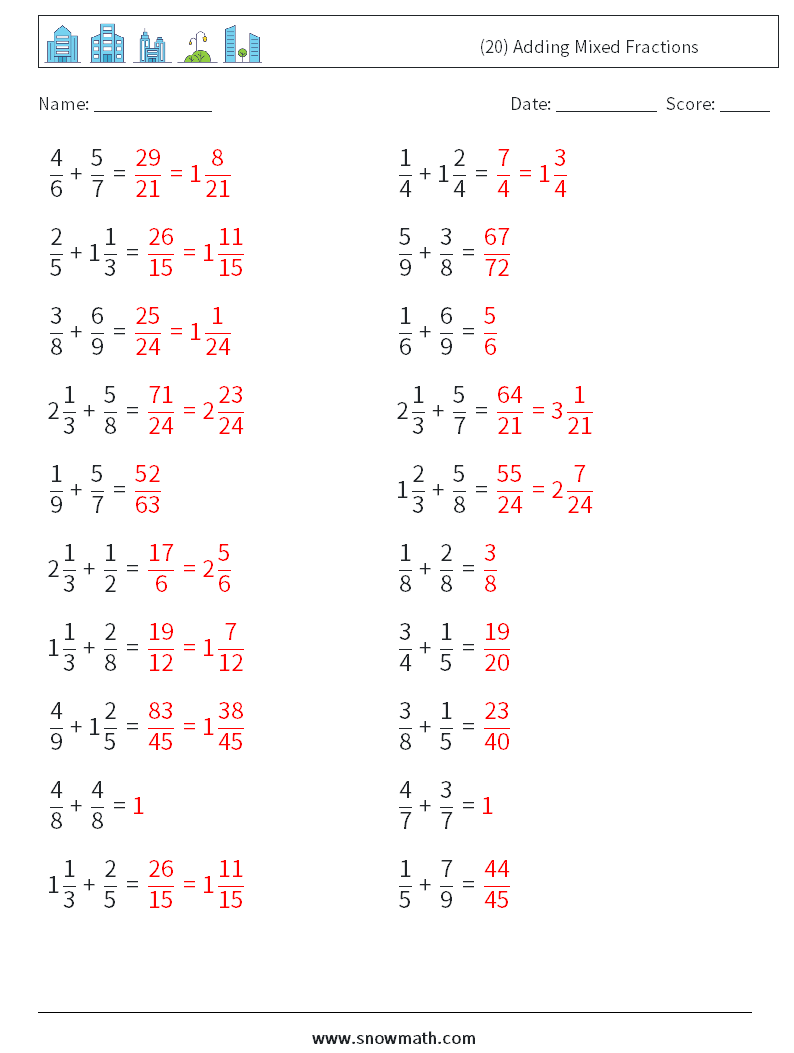 (20) Adding Mixed Fractions Math Worksheets 17 Question, Answer