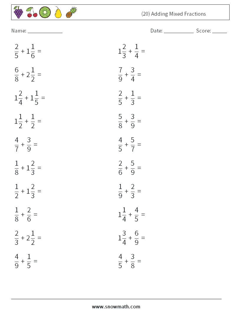 (20) Adding Mixed Fractions Math Worksheets 18