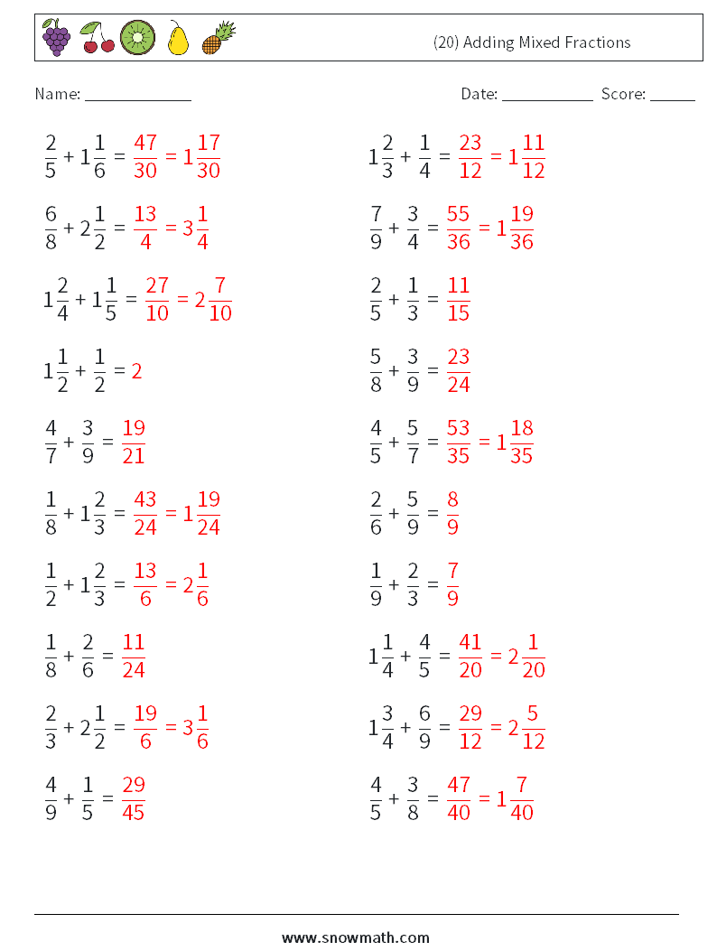 (20) Adding Mixed Fractions Math Worksheets 18 Question, Answer