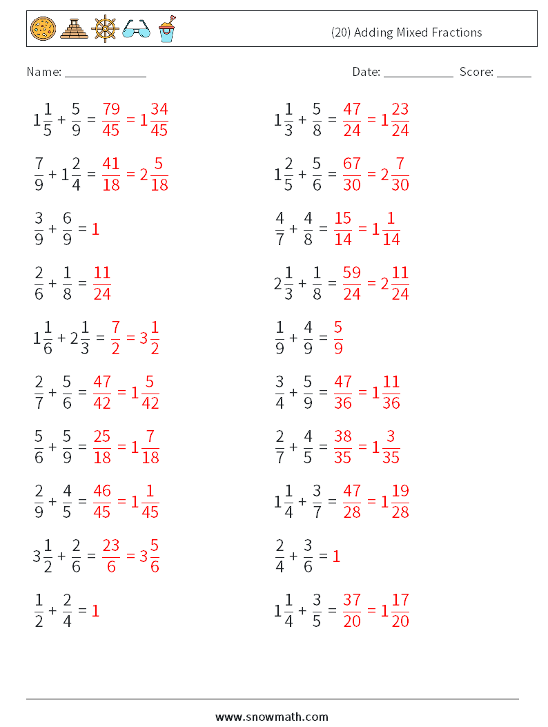 (20) Adding Mixed Fractions Math Worksheets 1 Question, Answer