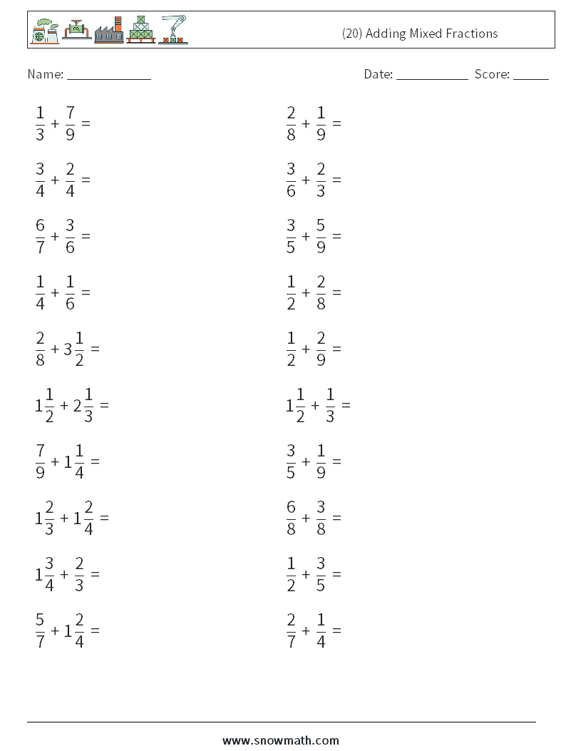 (20) Adding Mixed Fractions Math Worksheets 2