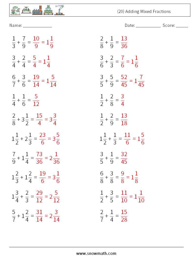 (20) Adding Mixed Fractions Math Worksheets 2 Question, Answer