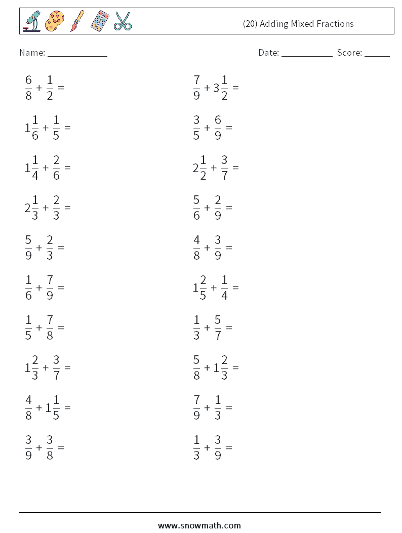 (20) Adding Mixed Fractions Maths Worksheets 3