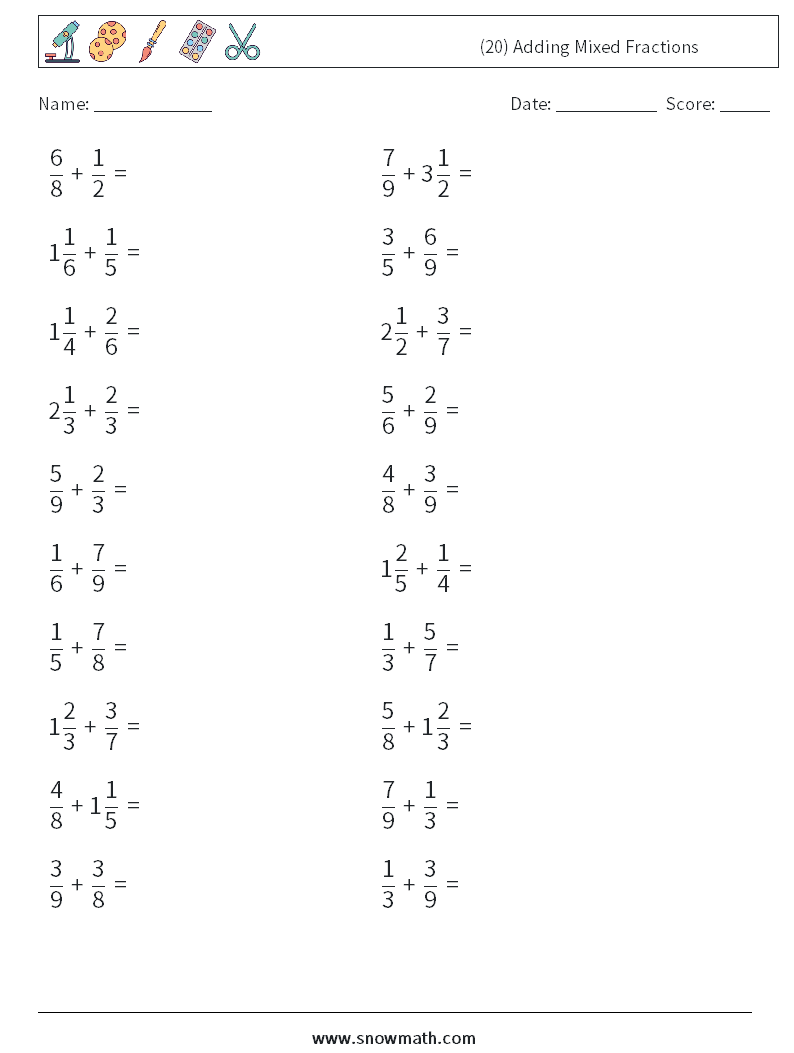 (20) Adding Mixed Fractions Math Worksheets 3