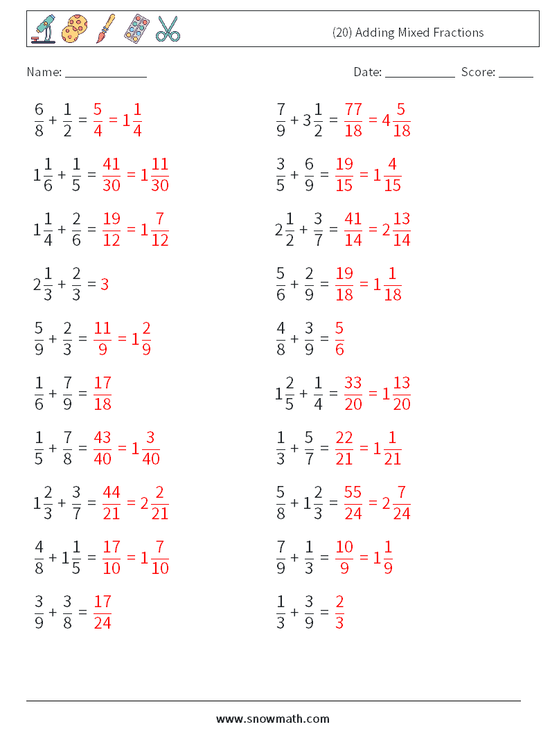 (20) Adding Mixed Fractions Math Worksheets 3 Question, Answer