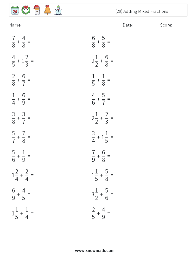 (20) Adding Mixed Fractions Math Worksheets 4