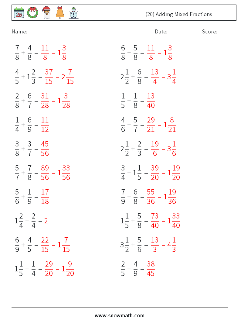 (20) Adding Mixed Fractions Math Worksheets 4 Question, Answer