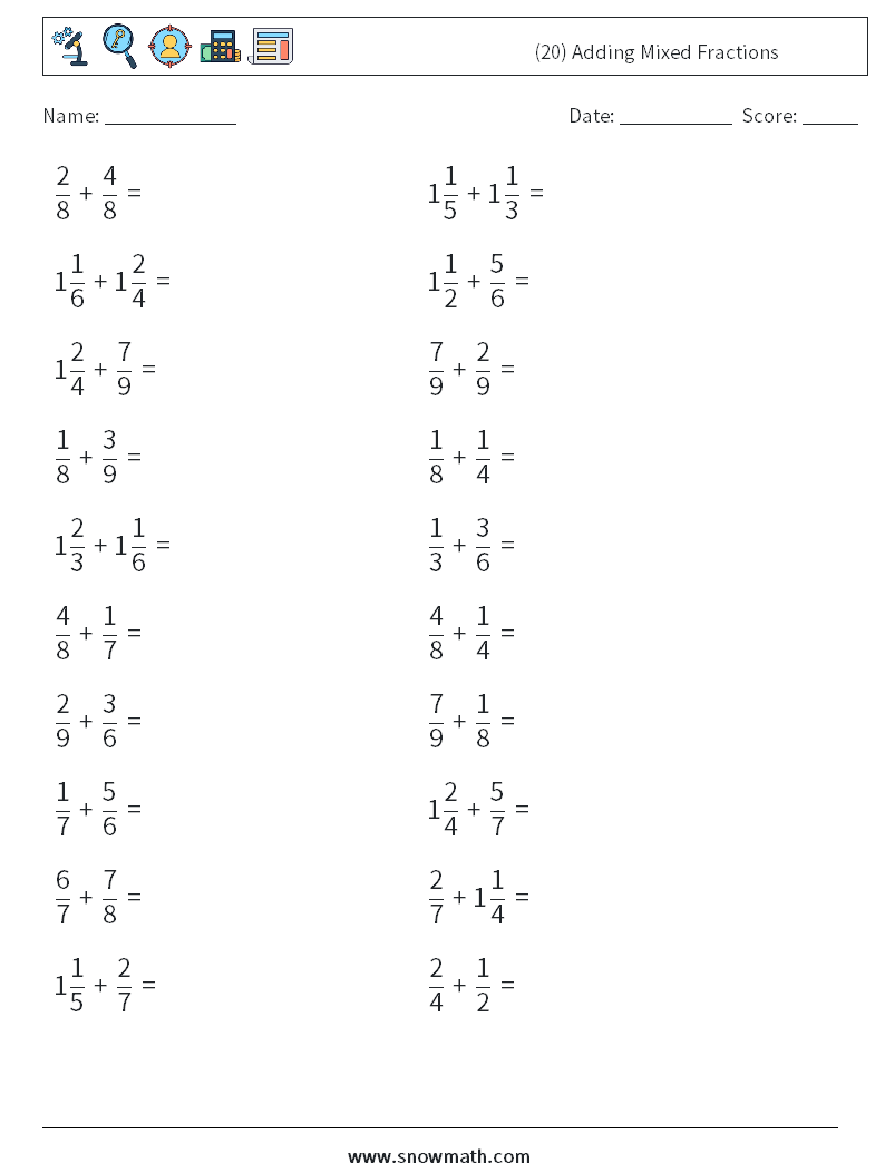 (20) Adding Mixed Fractions Math Worksheets 5