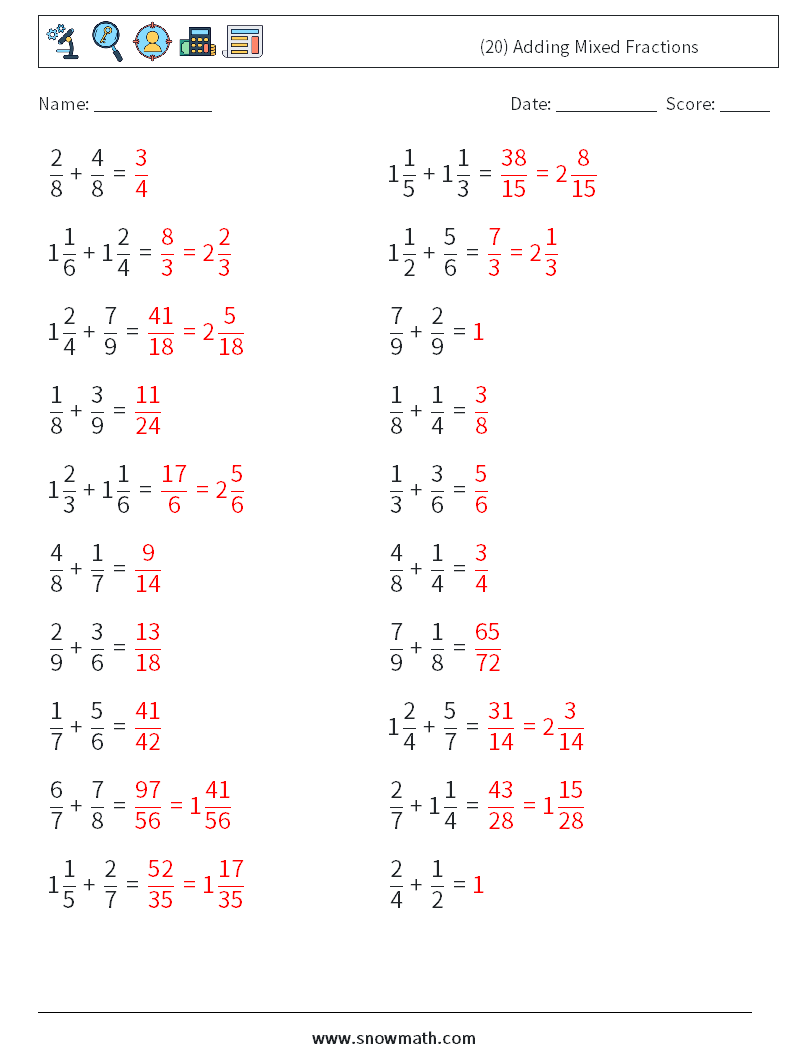 (20) Adding Mixed Fractions Math Worksheets 5 Question, Answer