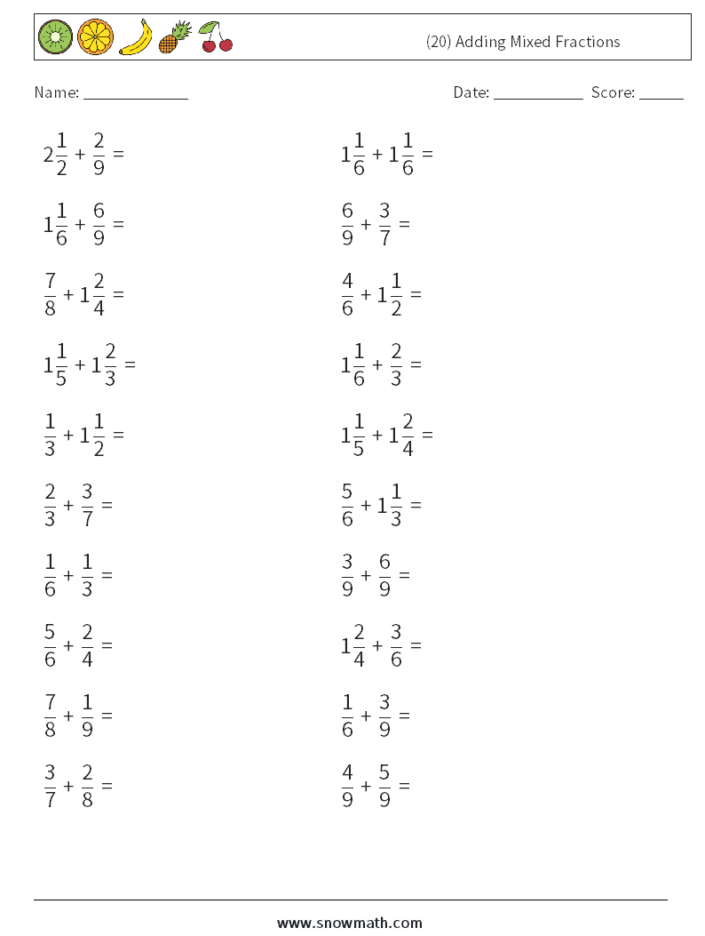 (20) Adding Mixed Fractions Math Worksheets 6