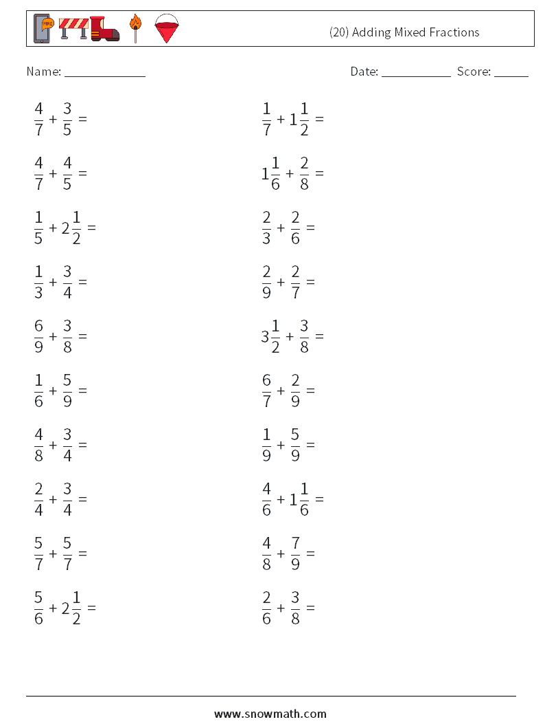 (20) Adding Mixed Fractions Math Worksheets 7