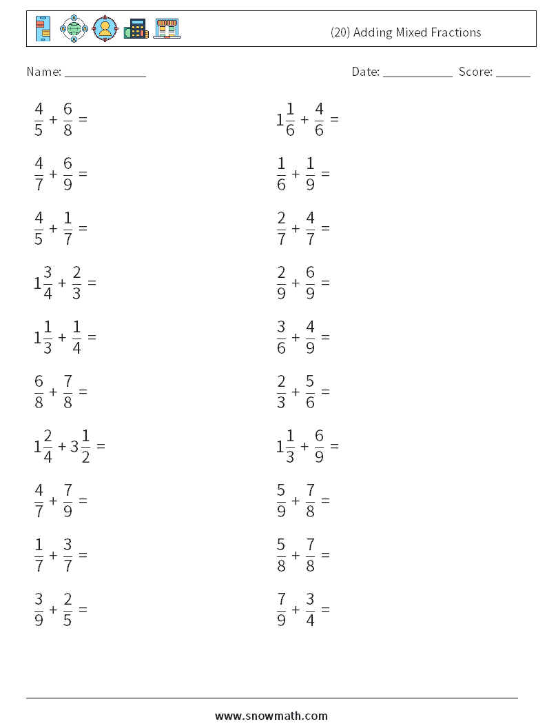 (20) Adding Mixed Fractions Math Worksheets 8