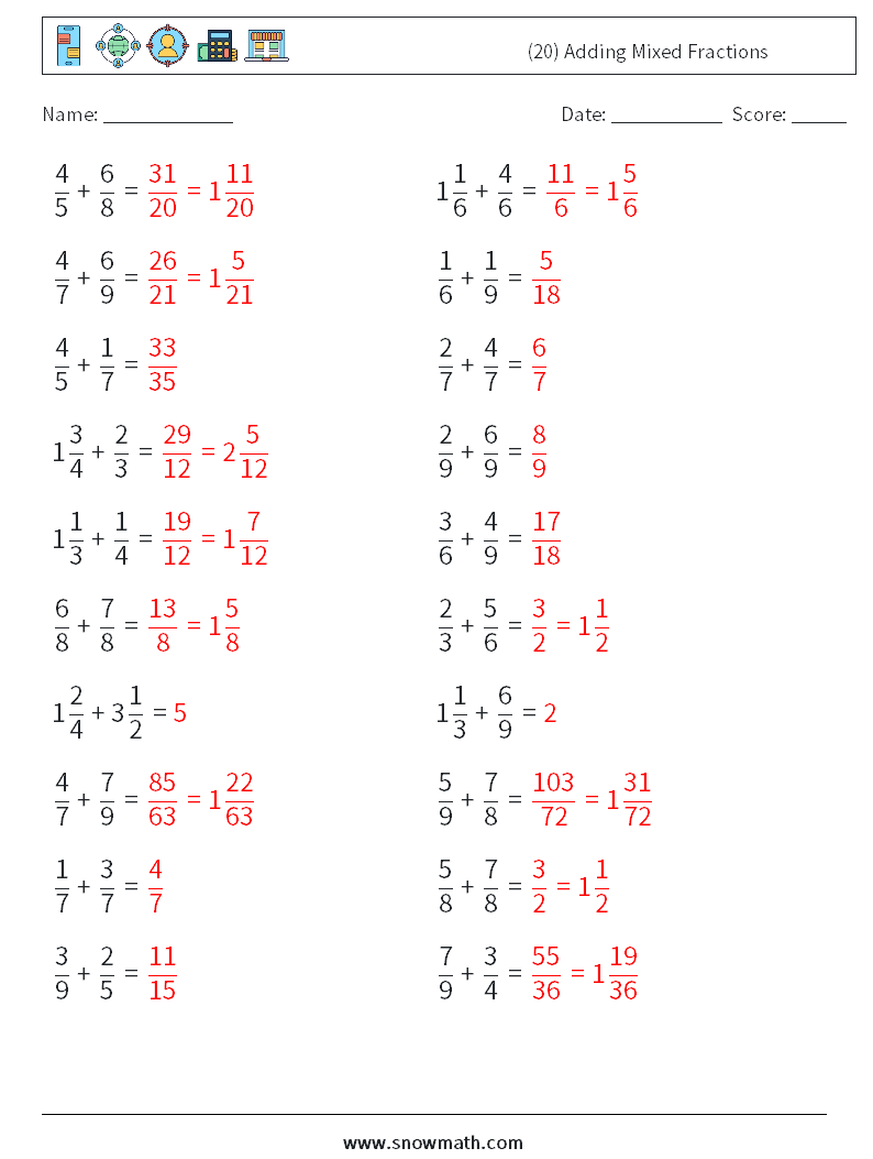 (20) Adding Mixed Fractions Math Worksheets 8 Question, Answer