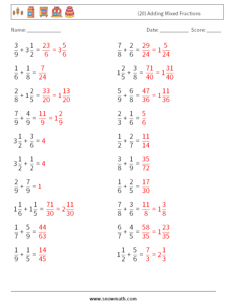 (20) Adding Mixed Fractions Math Worksheets 9 Question, Answer