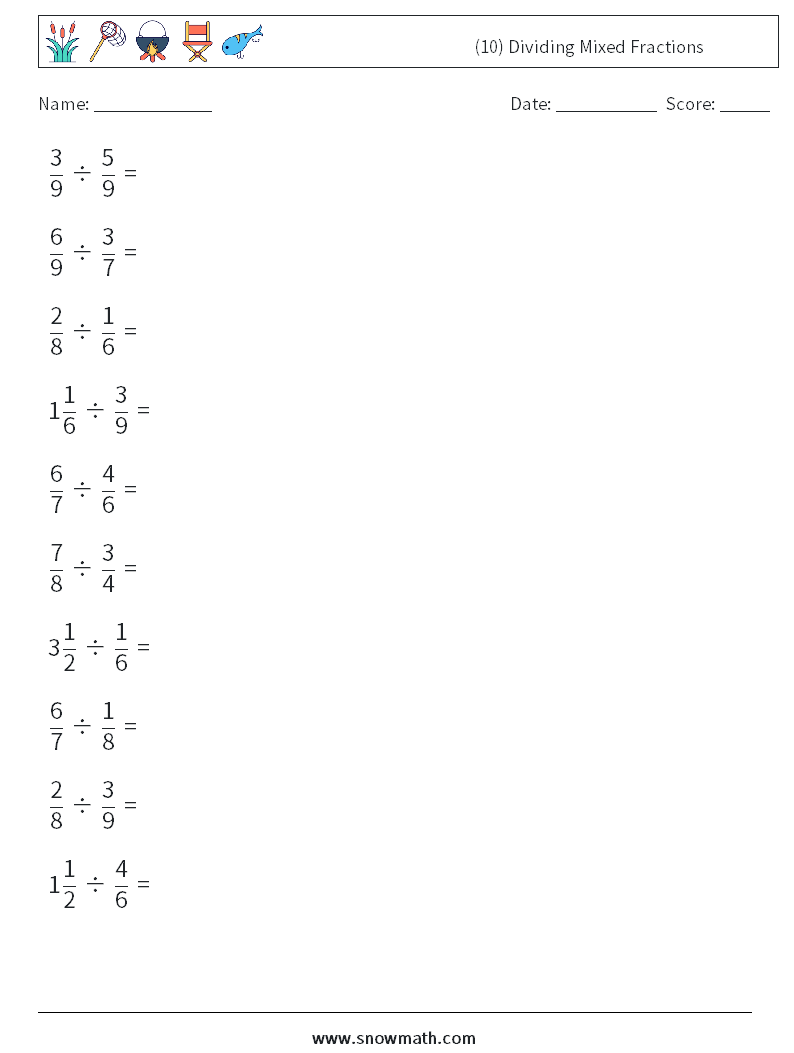 (10) Dividing Mixed Fractions Math Worksheets 10