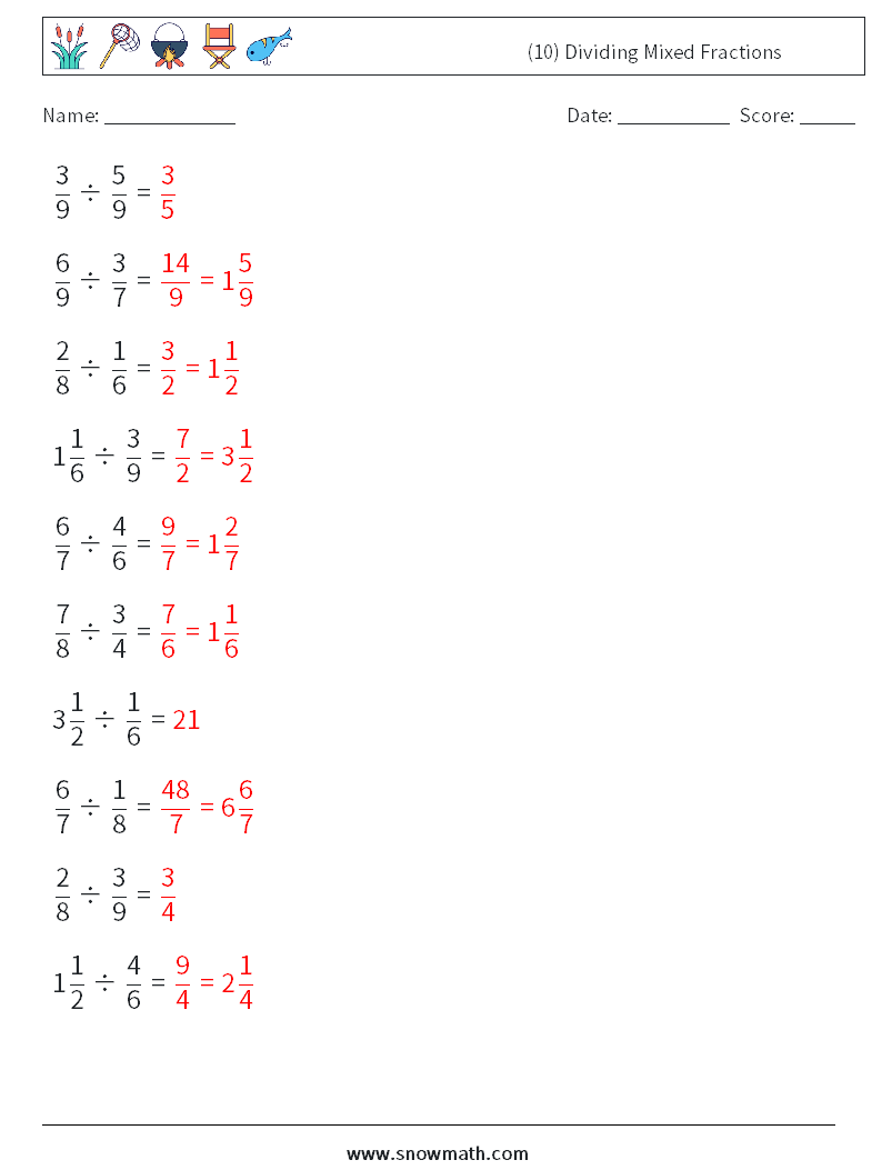 (10) Dividing Mixed Fractions Math Worksheets 10 Question, Answer