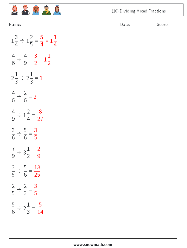 (10) Dividing Mixed Fractions Math Worksheets 11 Question, Answer