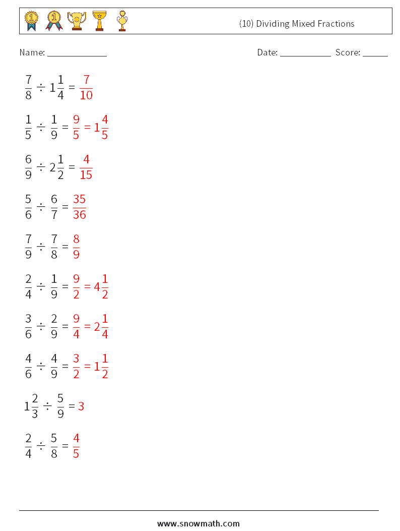 (10) Dividing Mixed Fractions Math Worksheets 12 Question, Answer