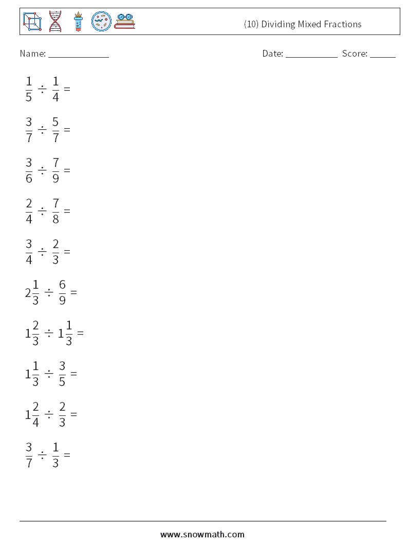 (10) Dividing Mixed Fractions Math Worksheets 13