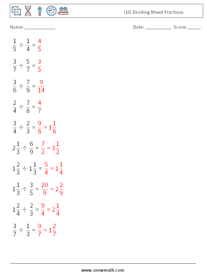 (10) Dividing Mixed Fractions Math Worksheets 13 Question, Answer