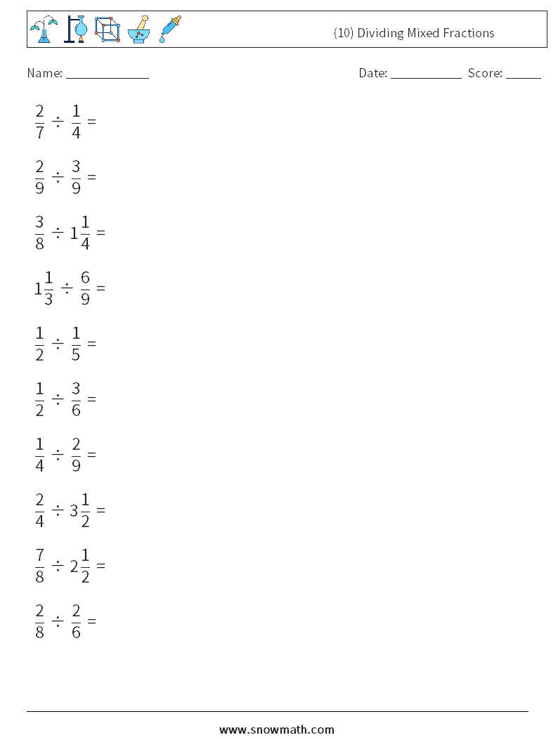 (10) Dividing Mixed Fractions Math Worksheets 14