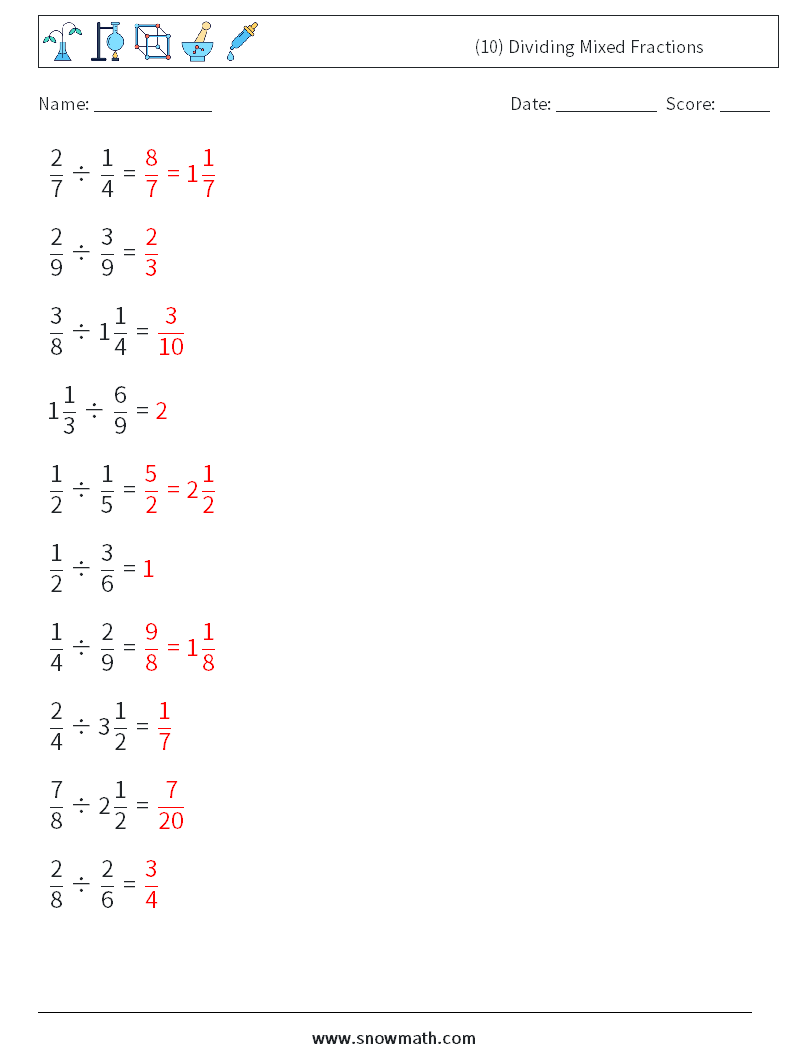 (10) Dividing Mixed Fractions Math Worksheets 14 Question, Answer