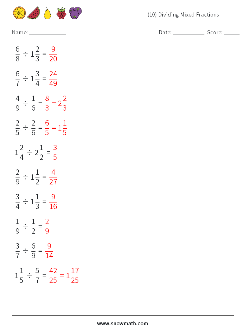 (10) Dividing Mixed Fractions Math Worksheets 15 Question, Answer