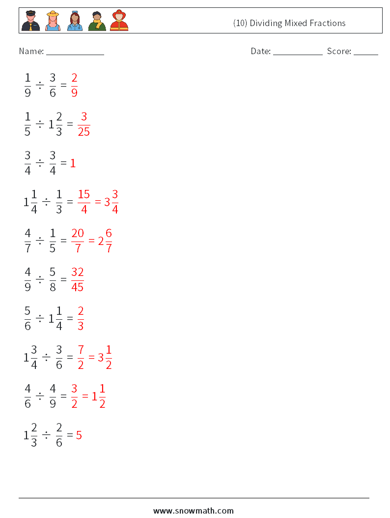(10) Dividing Mixed Fractions Math Worksheets 17 Question, Answer