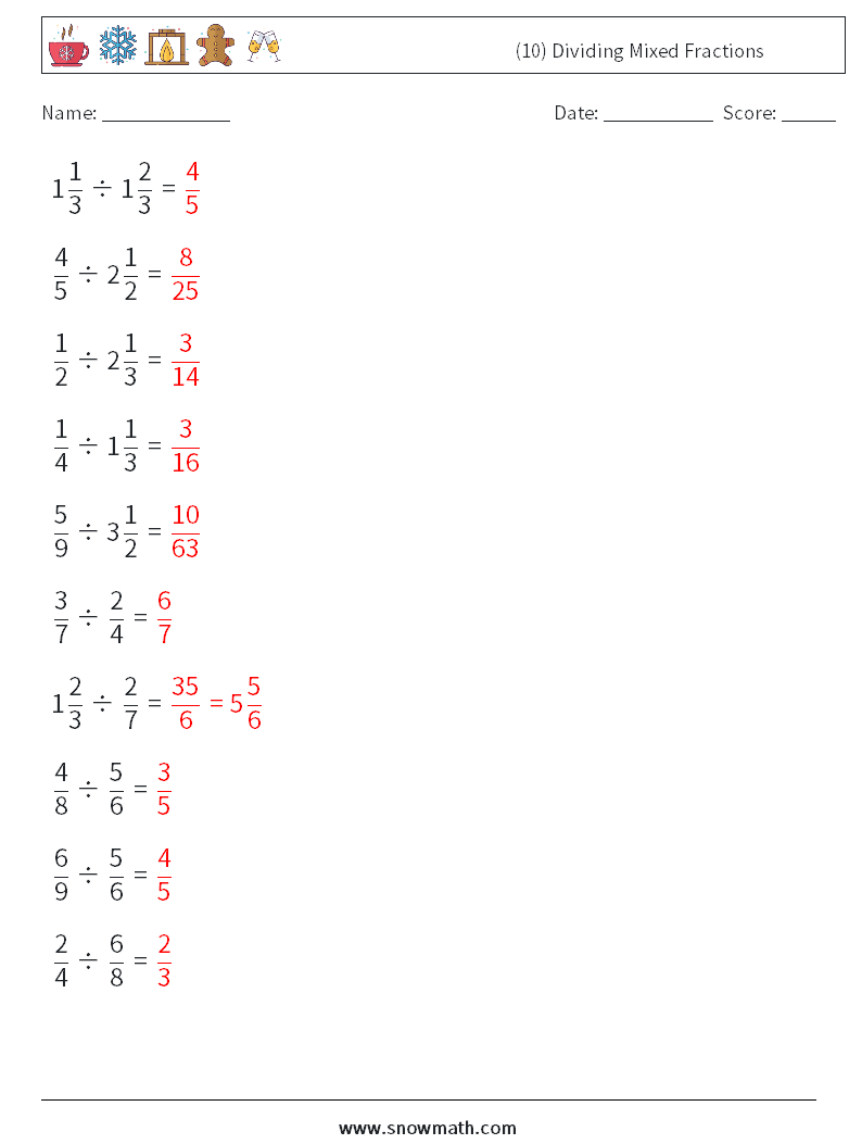 (10) Dividing Mixed Fractions Math Worksheets 1 Question, Answer