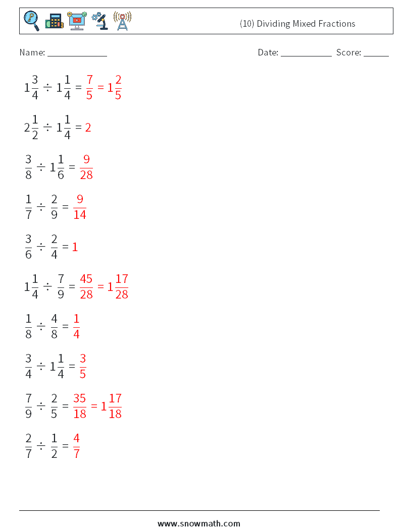(10) Dividing Mixed Fractions Math Worksheets 2 Question, Answer
