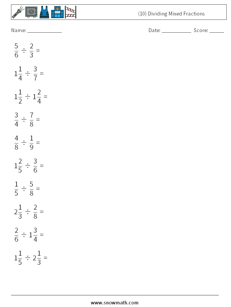 (10) Dividing Mixed Fractions Math Worksheets 3