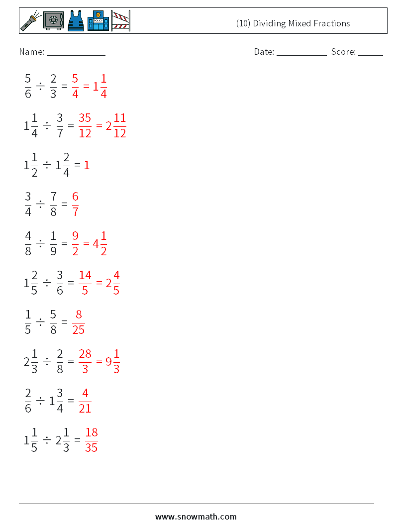 (10) Dividing Mixed Fractions Math Worksheets 3 Question, Answer