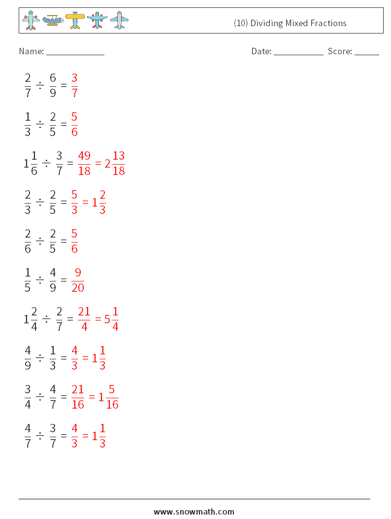 (10) Dividing Mixed Fractions Math Worksheets 4 Question, Answer