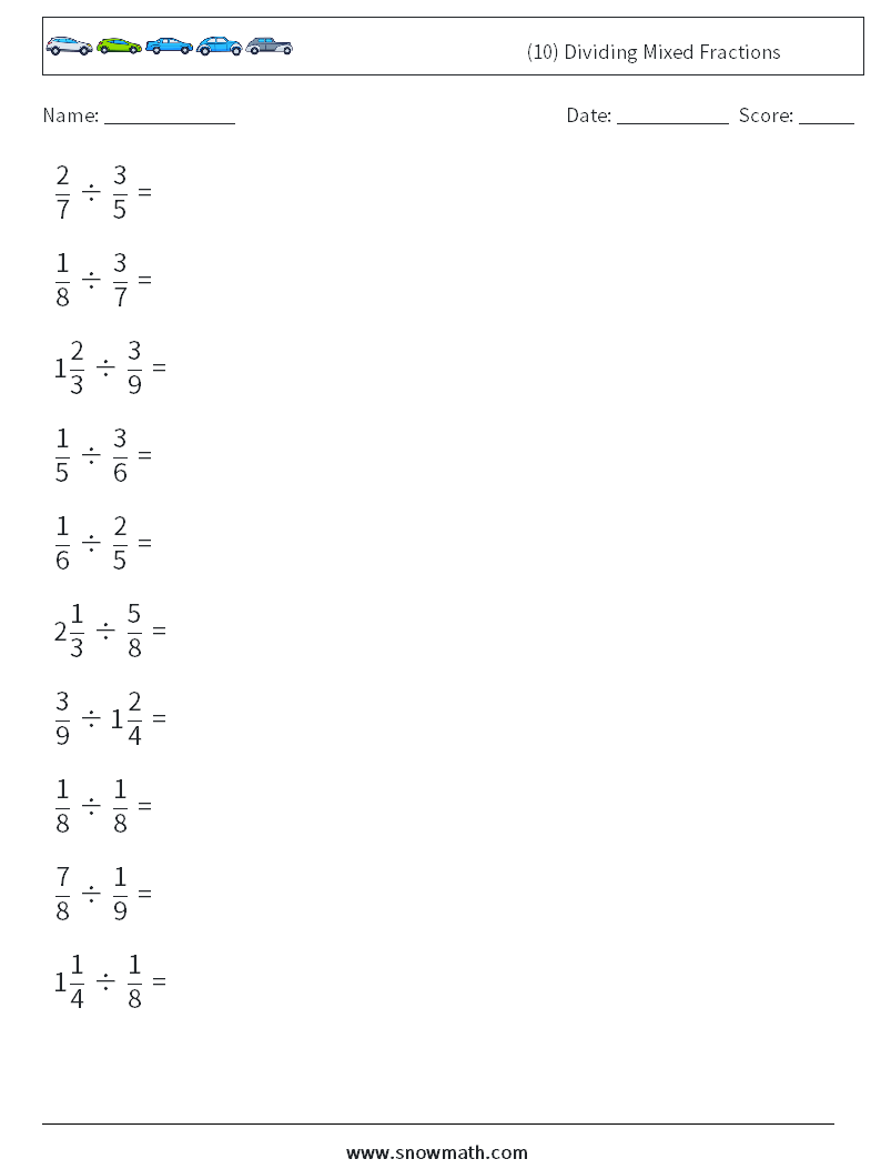 (10) Dividing Mixed Fractions Math Worksheets 5