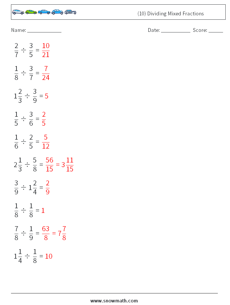 (10) Dividing Mixed Fractions Math Worksheets 5 Question, Answer