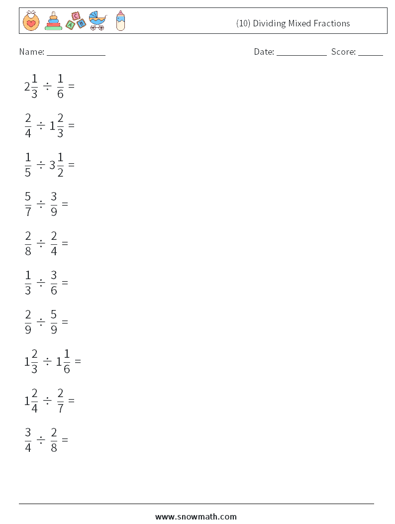 (10) Dividing Mixed Fractions Math Worksheets 6