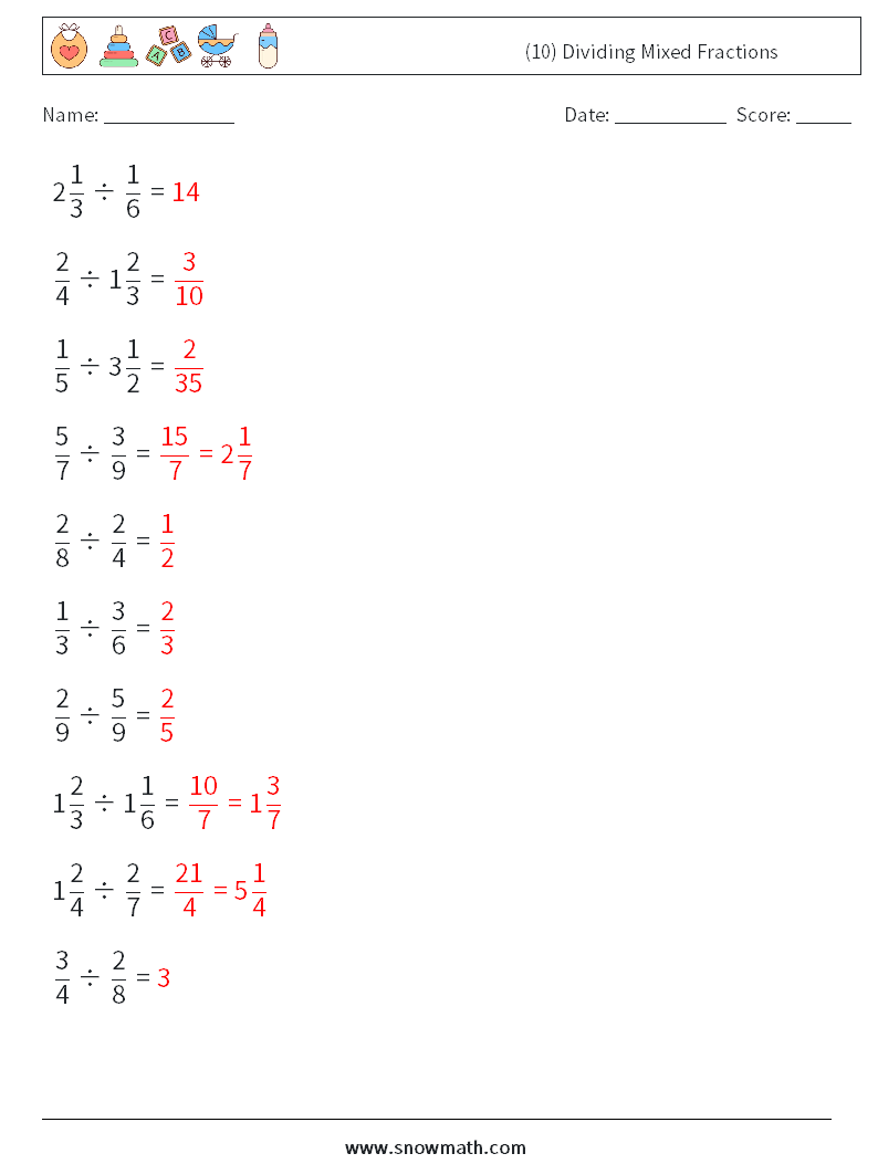 (10) Dividing Mixed Fractions Math Worksheets 6 Question, Answer