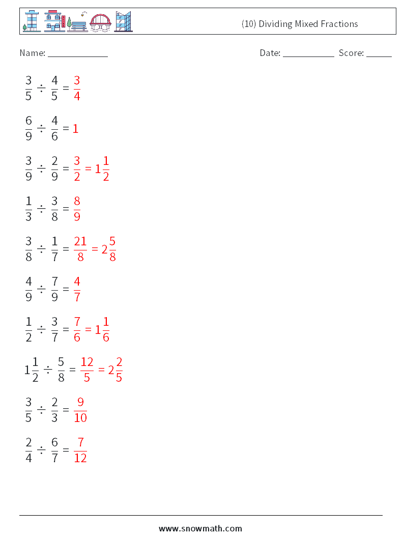 (10) Dividing Mixed Fractions Math Worksheets 7 Question, Answer