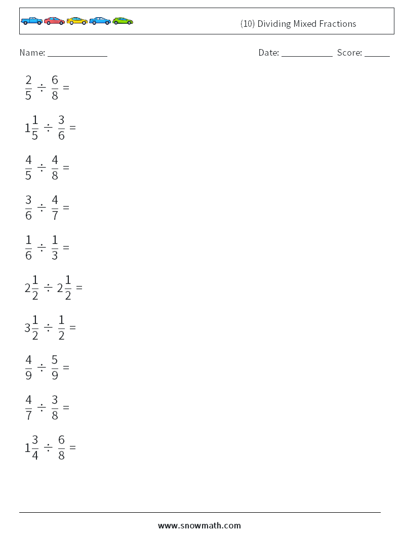 (10) Dividing Mixed Fractions Math Worksheets 8
