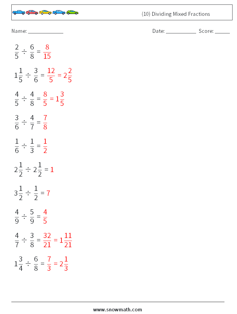 (10) Dividing Mixed Fractions Math Worksheets 8 Question, Answer