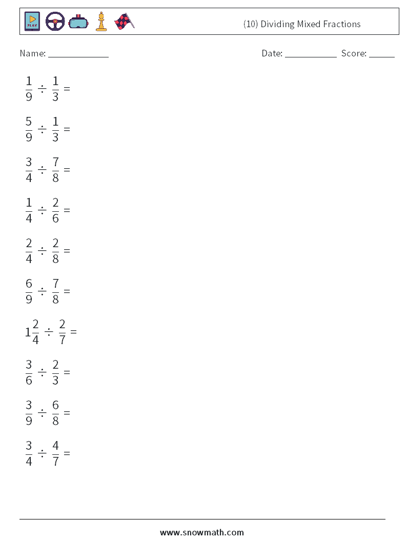 (10) Dividing Mixed Fractions Math Worksheets 9