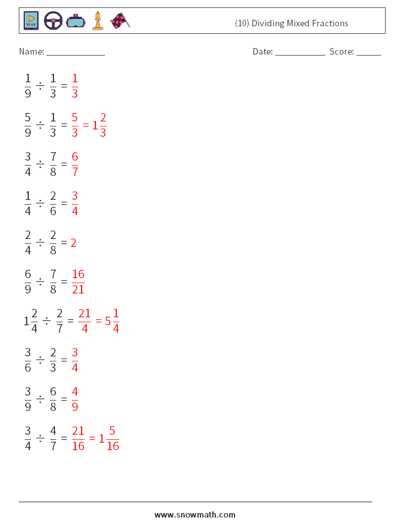 (10) Dividing Mixed Fractions Math Worksheets 9 Question, Answer